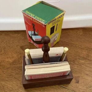 Vintage‎ Bridge Caddy 2 Full Sets Of Cards 2 Unused Pencils Faux Wood Caddy